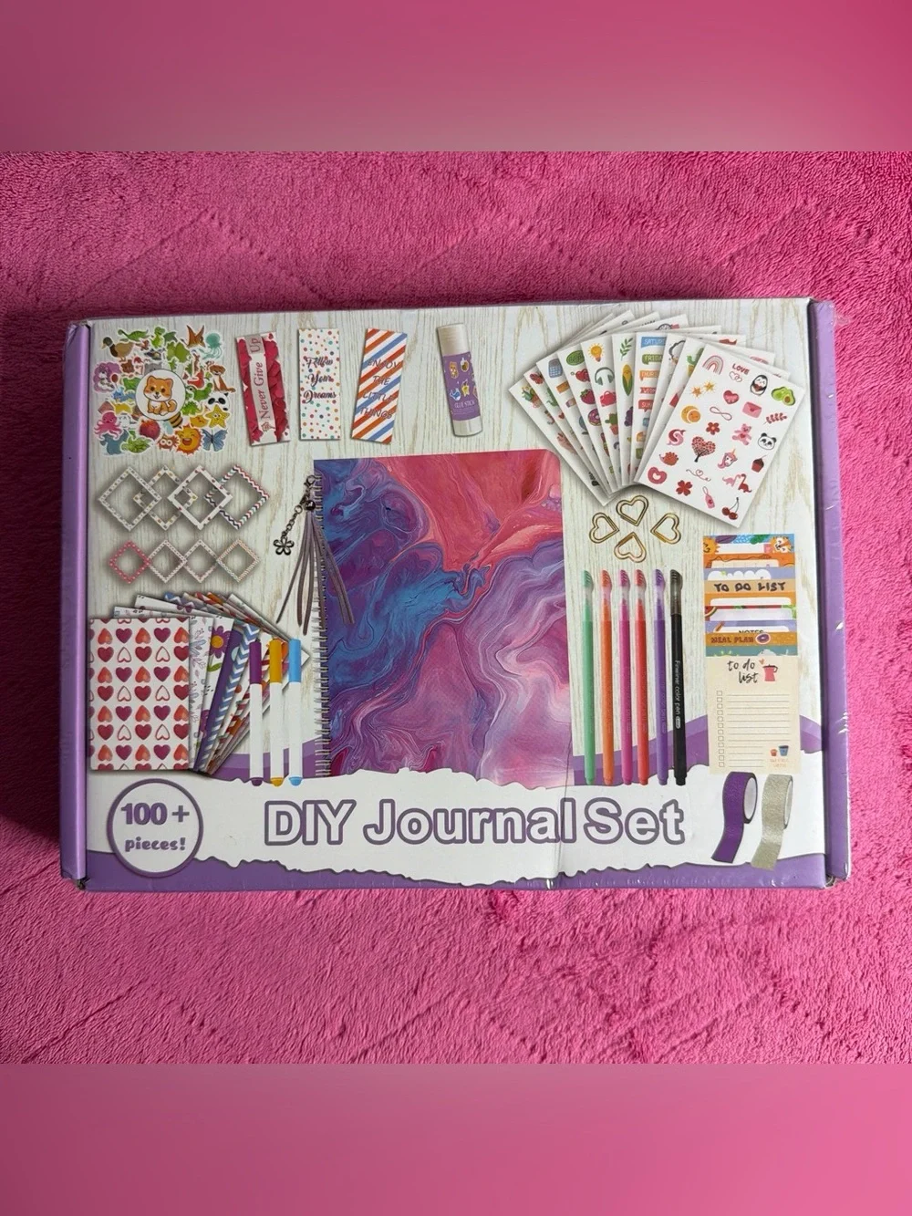 DIY Journal Set - Marble Purple & Pink Spiral Notebook with Accessories